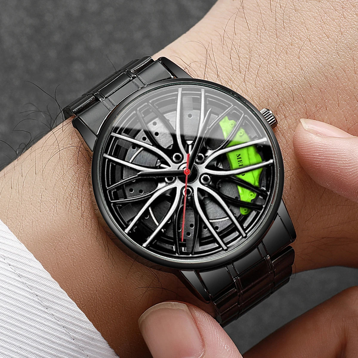 4 Pcs Fashion Men'S Sports Watches 3D Car Wheel Stainless Steel Band Men'S Wrist Watch Quartz Watch Set Homo Watch (Without Box)