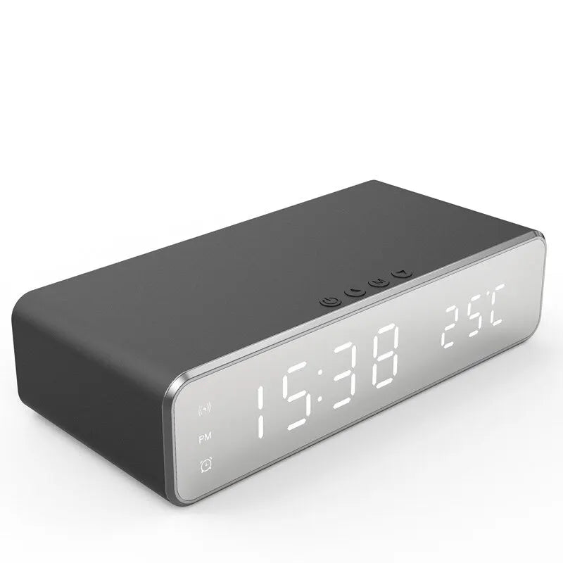 Fast Charging Wireless Charger Alarm Clock with LED Display & Thermometer - Perfect Dock Station for iPhone & Samsung Earphones