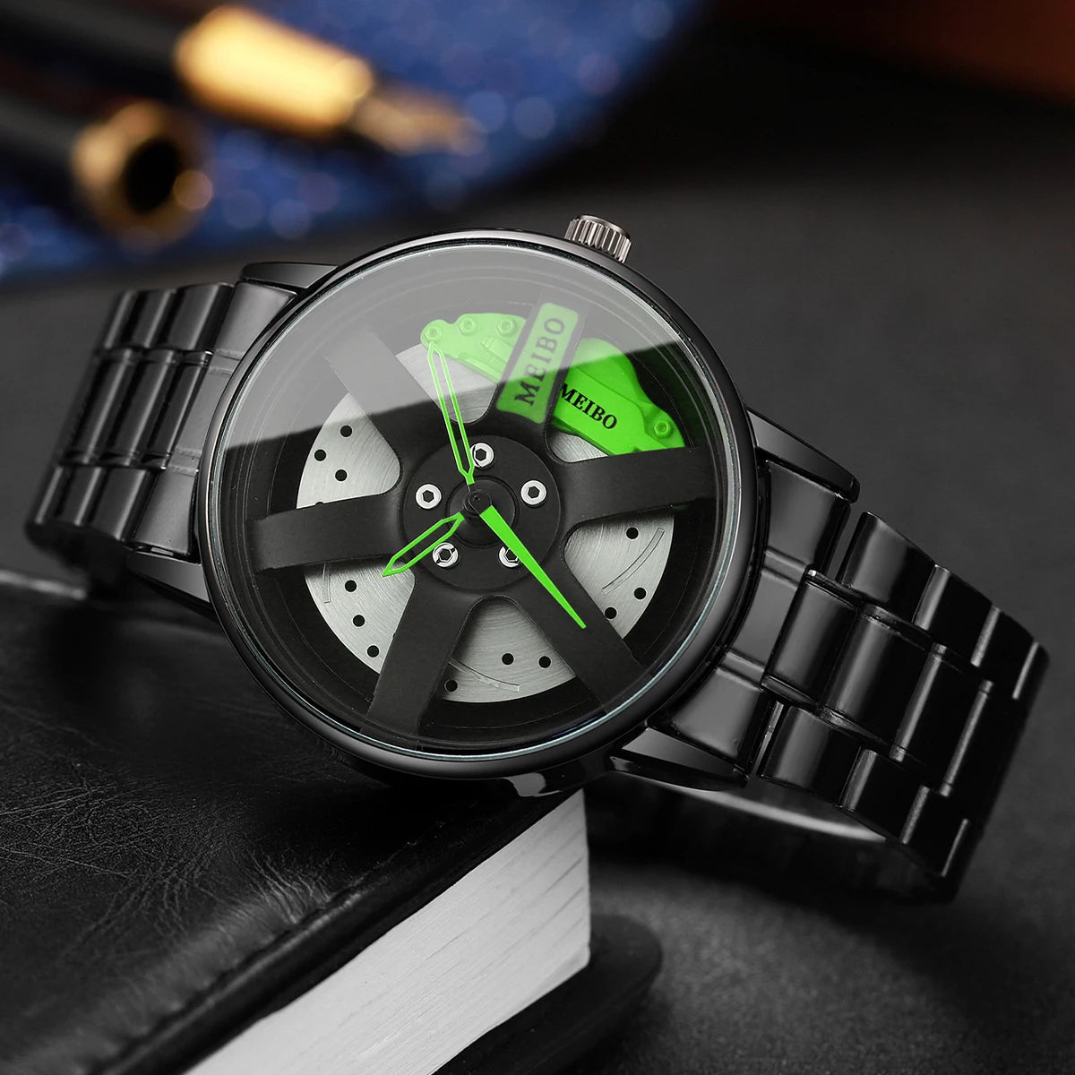 4 Pcs Fashion Men'S Sports Watches 3D Car Wheel Stainless Steel Band Men'S Wrist Watch Quartz Watch Set Homo Watch (Without Box)
