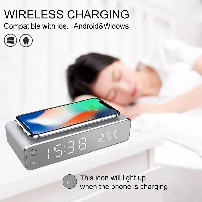 Fast Charging Wireless Charger Alarm Clock with LED Display & Thermometer - Perfect Dock Station for iPhone & Samsung Earphones