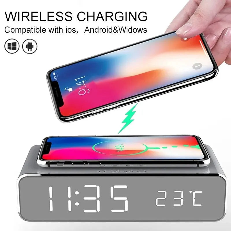 Fast Charging Wireless Charger Alarm Clock with LED Display & Thermometer - Perfect Dock Station for iPhone & Samsung Earphones