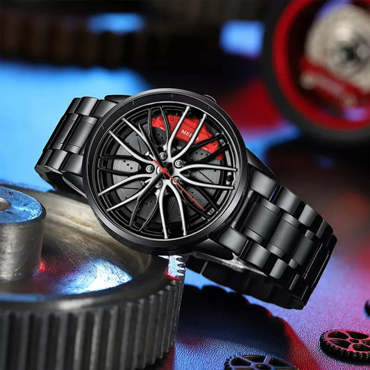 Car Watches for Men,Waterproof Stainless Steel Quartz Wrist Watch Sports Men’S Watches with Car Wheel Rim Hub Design