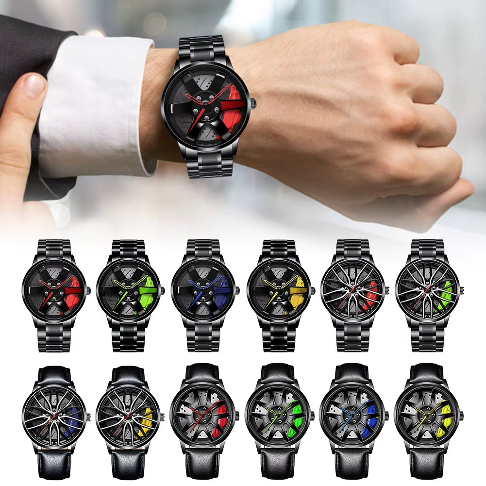 Car Wheel Watch with Leather Strap for Men Multifunctional Business Male Clock Running Climbing Fishing Sports Watch