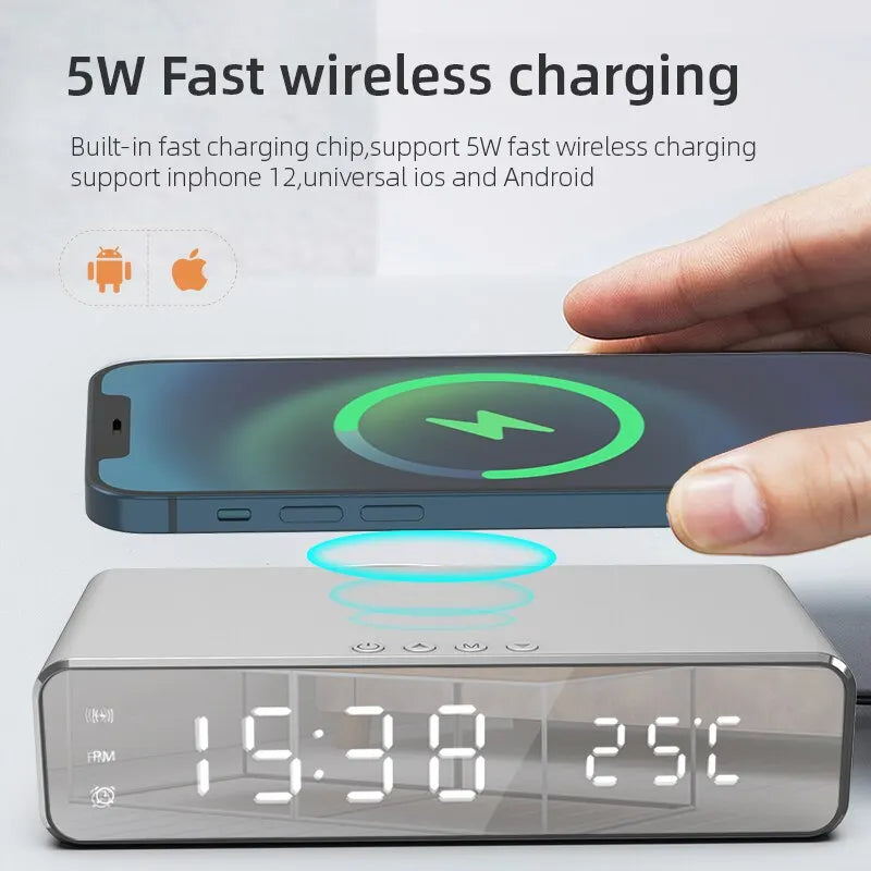 Fast Charging Wireless Charger Alarm Clock with LED Display & Thermometer - Perfect Dock Station for iPhone & Samsung Earphones