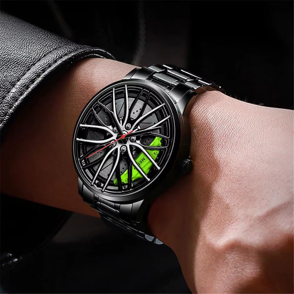 Men Quartz Watch Car Wheel Rim Hub Design Automatic Quartz Wristwatch Hidden Clasp Chronograph Luxury Male Clock Relojes