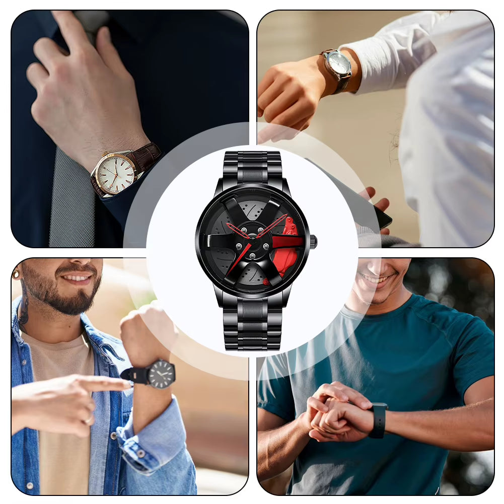 Car Wheel Watch with Leather Strap for Men Multifunctional Business Male Clock Running Climbing Fishing Sports Watch