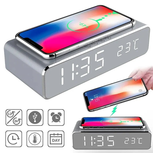 Fast Charging Wireless Charger Alarm Clock with LED Display & Thermometer - Perfect Dock Station for iPhone & Samsung Earphones