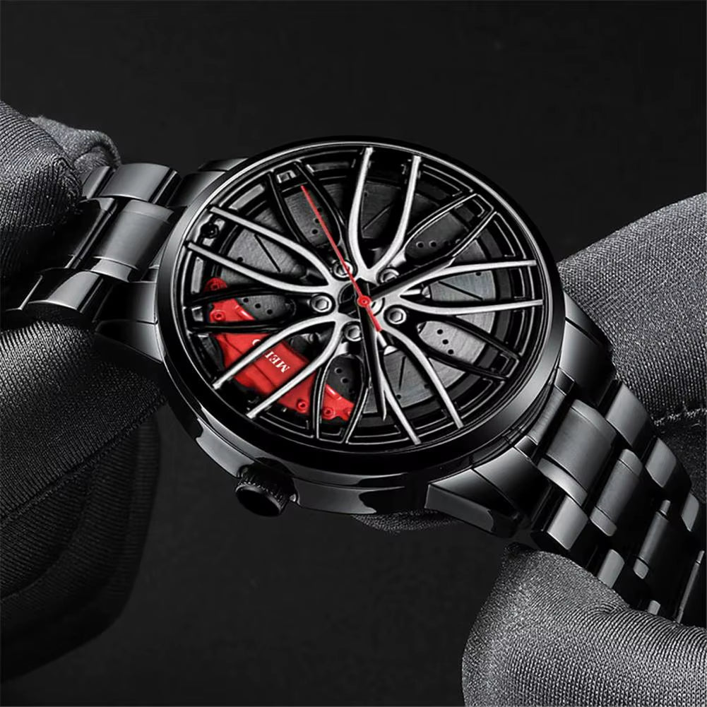 Men Quartz Watch Car Wheel Rim Hub Design Automatic Quartz Wristwatch Hidden Clasp Chronograph Luxury Male Clock Relojes