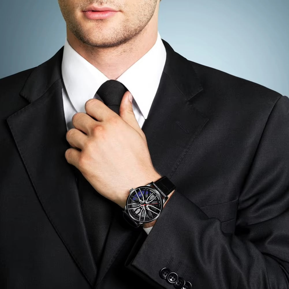 Car Wheel Watch with Leather Strap for Men Multifunctional Business Male Clock Running Climbing Fishing Sports Watch