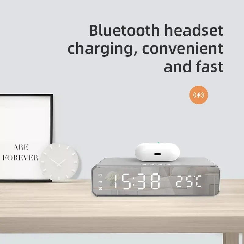 Fast Charging Wireless Charger Alarm Clock with LED Display & Thermometer - Perfect Dock Station for iPhone & Samsung Earphones