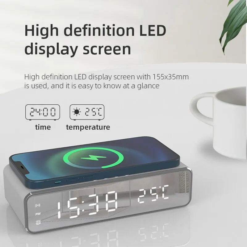Fast Charging Wireless Charger Alarm Clock with LED Display & Thermometer - Perfect Dock Station for iPhone & Samsung Earphones