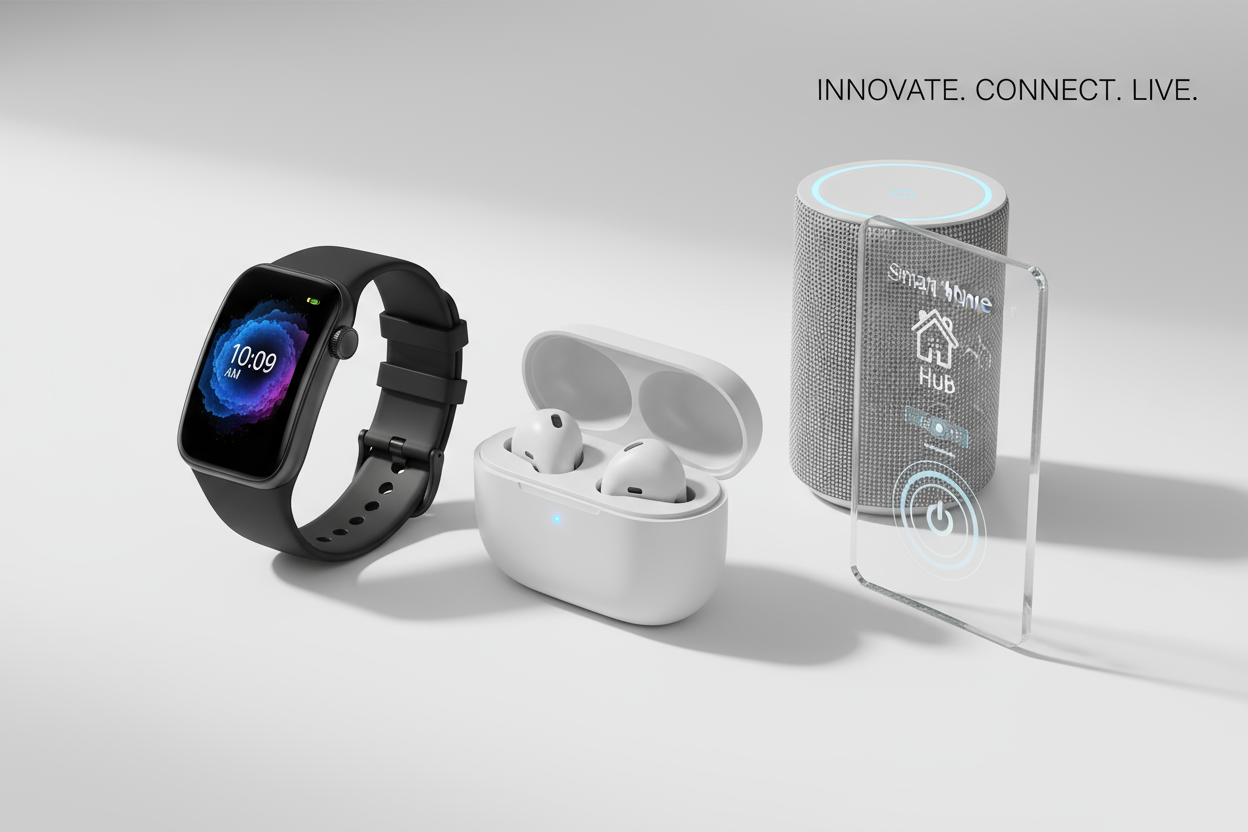 Generate Image for Slide show electronic smart watch earbuds home gadget